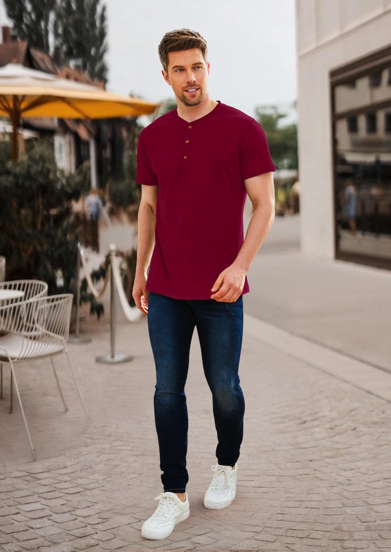 PEGENO Men's Casual Slim Fit Short Sleeve Henley T-Shirts Cotton Shirts Wine Red-US L - Image 5
